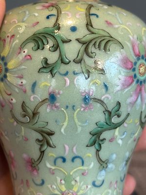 A Chinese celadon-ground famille rose 'meiping' 'flower scroll' vase, Qianlong mark and of the period — photo 22