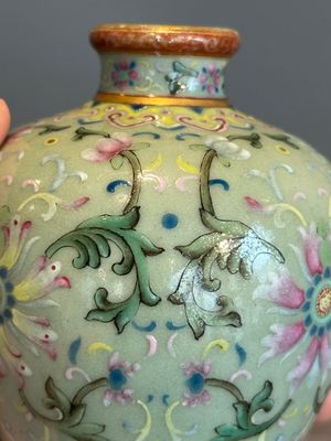 A Chinese celadon-ground famille rose 'meiping' 'flower scroll' vase, Qianlong mark and of the period — photo 23
