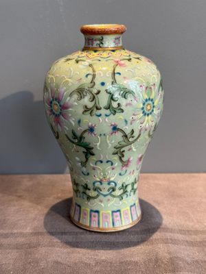 A Chinese celadon-ground famille rose 'meiping' 'flower scroll' vase, Qianlong mark and of the period — photo 4