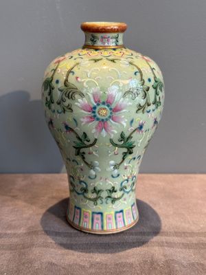 A Chinese celadon-ground famille rose 'meiping' 'flower scroll' vase, Qianlong mark and of the period — photo 5
