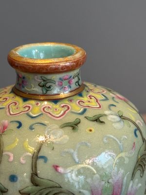 A Chinese celadon-ground famille rose 'meiping' 'flower scroll' vase, Qianlong mark and of the period — photo 8