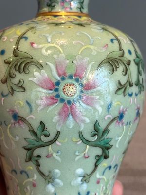 A Chinese celadon-ground famille rose 'meiping' 'flower scroll' vase, Qianlong mark and of the period — photo 9