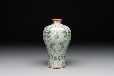 A Chinese celadon-ground famille rose 'meiping' 'flower scroll' vase, Qianlong mark and of the period
