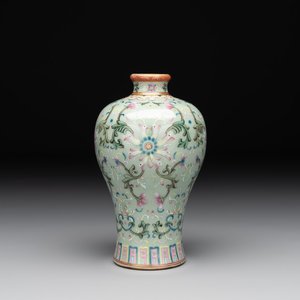 A Chinese celadon-ground famille rose 'meiping' 'flower scroll' vase, Qianlong mark and of the period — photo 1