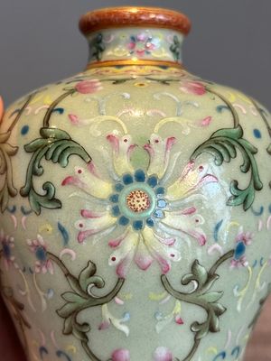 A Chinese celadon-ground famille rose 'meiping' 'flower scroll' vase, Qianlong mark and of the period — photo 13