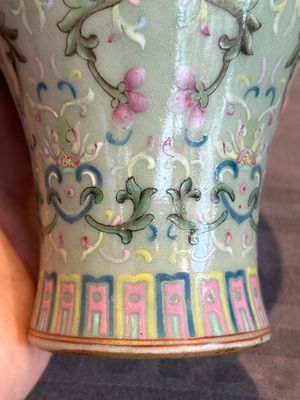 A Chinese celadon-ground famille rose 'meiping' 'flower scroll' vase, Qianlong mark and of the period — photo 14