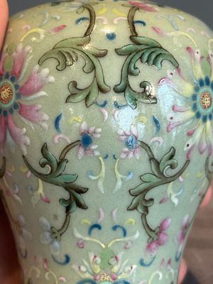 A Chinese celadon-ground famille rose 'meiping' 'flower scroll' vase, Qianlong mark and of the period — photo 16