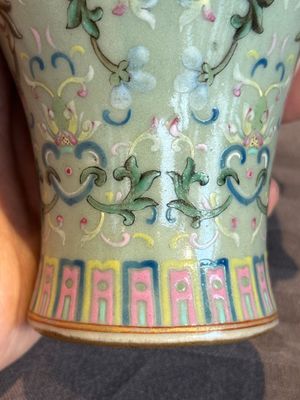 A Chinese celadon-ground famille rose 'meiping' 'flower scroll' vase, Qianlong mark and of the period — photo 20