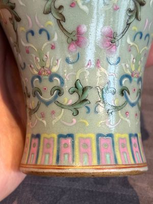 A Chinese celadon-ground famille rose 'meiping' 'flower scroll' vase, Qianlong mark and of the period — photo 25