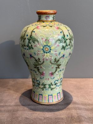 A Chinese celadon-ground famille rose 'meiping' 'flower scroll' vase, Qianlong mark and of the period — photo 3