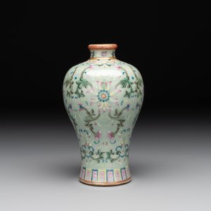 A Chinese celadon-ground famille rose 'meiping' 'flower scroll' vase, Qianlong mark and of the period — photo 3