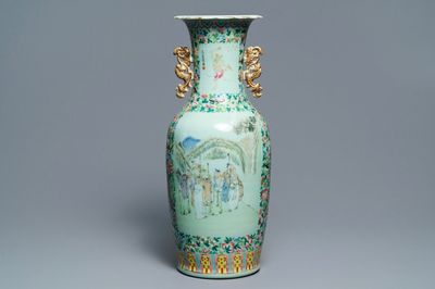 A Chinese celadon-ground qianjiang cai and famille rose vase, 19th C.