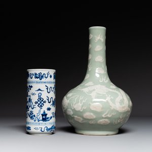 A Chinese celadon-ground slib design 'dragon' vase and Chinese blue and white vase or incense container, 19th C. — 照片 1