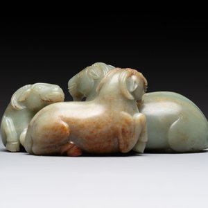 A Chinese celadon jade group of three goats on wooden stand, 19/20th C. — 照片 4