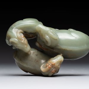 A Chinese celadon jade group of three goats on wooden stand, 19/20th C. — 照片 6