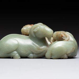 A Chinese celadon jade group of three goats on wooden stand, 19/20th C. — photo 2