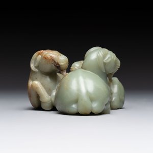 A Chinese celadon jade group of three goats on wooden stand, 19/20th C. — photo 5