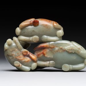 A Chinese celadon jade group of three goats on wooden stand, 19/20th C. — photo 7