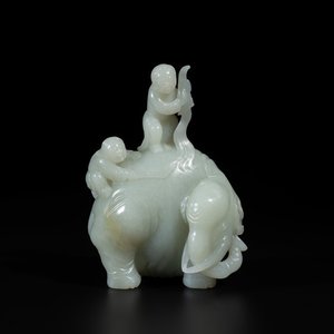 A Chinese celadon jade group of two boys cleansing an elephant, 18th C. — photo 1