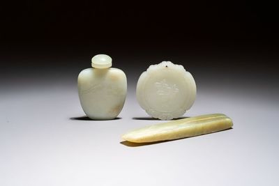 A Chinese celadon jade snuff bottle, a plaque and a ritual stick, Han and later