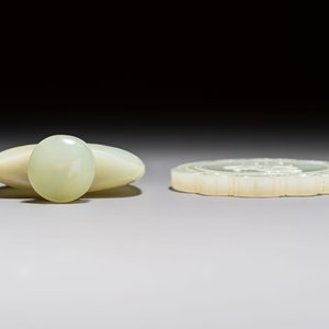A Chinese celadon jade snuff bottle, a plaque and a ritual stick, Han and later — photo 4