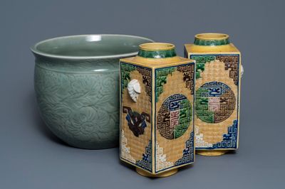 A Chinese celadon jardinière and a pair of relief-decorated cong vases, 19/20th C.