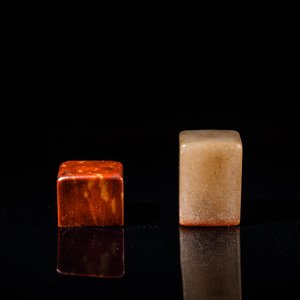 A Chinese 'chicken blood' soapstone seal and a russet jade seal, Qing — photo 3
