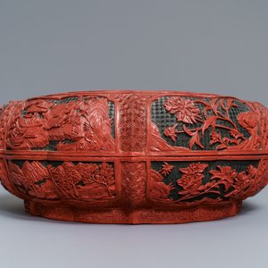 A Chinese cinnabar lacquer box and cover with figures in a landscape, 19th C. — 照片 3