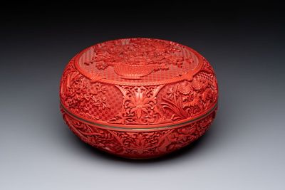 A Chinese cinnabar lacquer 'Flower Basket' box and cover, 19/20th C.
