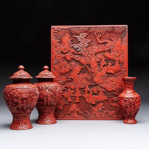 A Chinese cinnabar lacquer plaque, a vase, and a pair of covered vases, 19/20th C. — photo 1