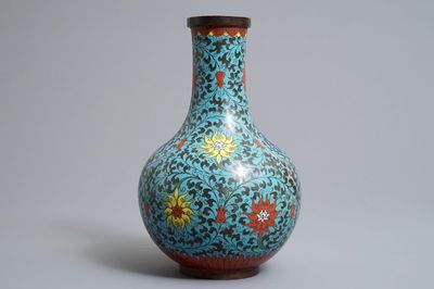 A Chinese cloisonné bottle vase with lotus scrolls, Da Ming Nian Zhi mark, Ming/Qing