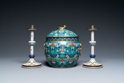 A Chinese cloisonné bowl and cover and a pair of candlesticks, 19/20th C.