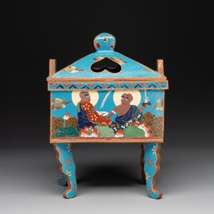 A Chinese cloisonné covered censer depicting monks and a covered censer with elephant head handles, 20th C. — foto 8