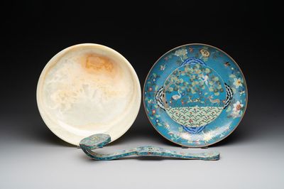 A Chinese cloisonné 'crane and deer' dish, a ruyi and an alabaster dish, 20th C.