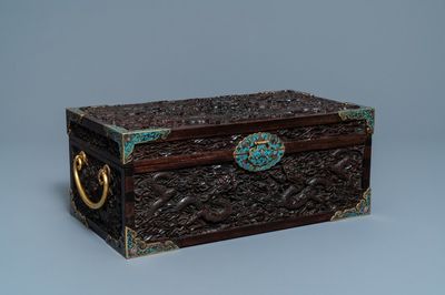 A Chinese cloisonné-mounted carved zitan wood and gilt bronze-handled box, Qing
