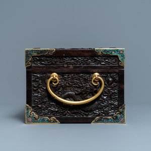 A Chinese cloisonné-mounted carved zitan wood and gilt bronze-handled box, Qing — photo 3