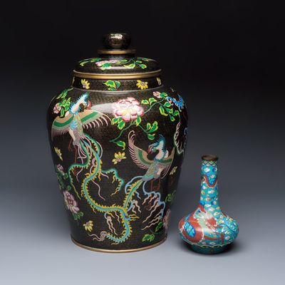A Chinese cloisonné 'Phoenixes and Peonies' covered vase and a 'Dragons' bottle vase, 19/20th C.