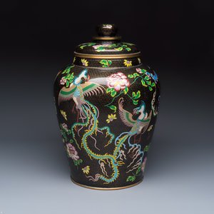 A Chinese cloisonné 'Phoenixes and Peonies' covered vase and a 'Dragons' bottle vase — photo 2