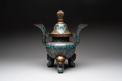 A Chinese cloisonné tripod censer and cover, 19th C.