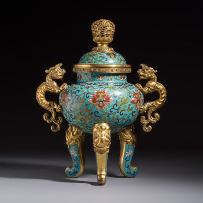 A Chinese cloisonné tripod censer and cover, Qianlong