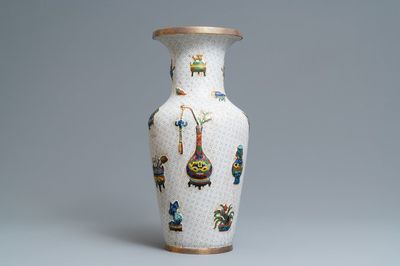 A Chinese cloisonné vase with applied design of antiquities, 19th C.
