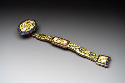 A Chinese cloisonné yellow-ground 'peach and shou' ruyi sceptre, Republic