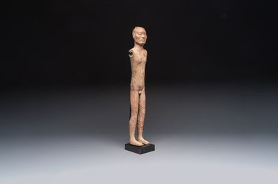 A Chinese cold-painted pottery stick man figure, Han