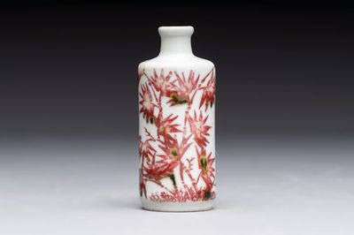 A Chinese copper-red and white 'bamboo' snuff bottle, Qianlong mark, 19th C.