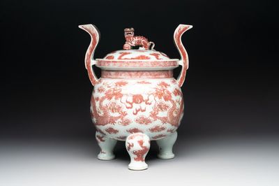 A Chinese copper-red and white 'dragon' censer and cover, 19th C.
