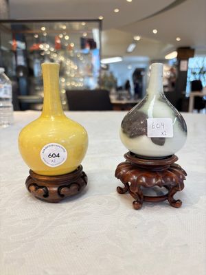 A Chinese copper-red and white 'Mythical Beasts' vase and a yellow-glazed bottle vase, on later wooden stands, Kangxi and later — photo 1