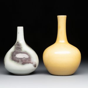 A Chinese copper-red and white 'Mythical Beasts' vase and a yellow-glazed bottle vase, on later wooden stands, Kangxi and later — photo 2