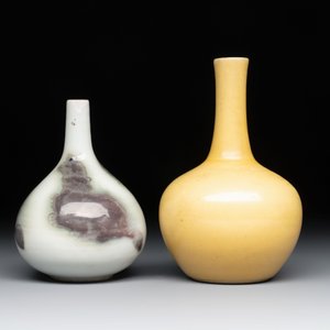 A Chinese copper-red and white 'Mythical Beasts' vase and a yellow-glazed bottle vase, on later wooden stands, Kangxi and later — photo 5