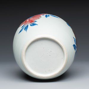 A Chinese copper-red, blue and white 'Fruits' jar with a jade-inset wooden cover and a stand — photo 11