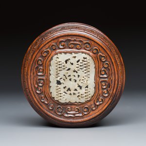 A Chinese copper-red, blue and white 'Fruits' jar with a jade-inset wooden cover and a stand — photo 12